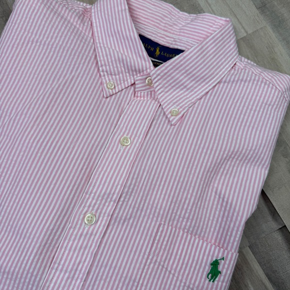 Ralph Lauren Men's XL Short‎ Sleeve Button Down 100% Cotton Pink and White - Picture 1 of 6